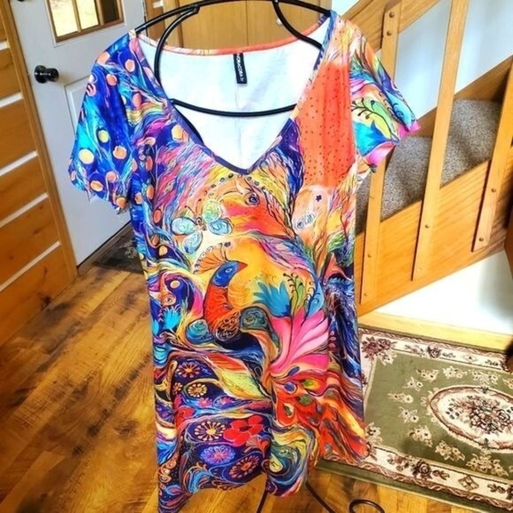 Noracora Colorful‎ Short Sleeve Vneck Peacock Midi Sz. XXL Dress